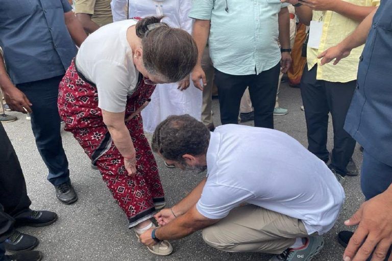 Bharat Jodo Yatra: Rahul Gandhi Ties Sonia's Shoelaces As Others Pause To Witness The Mother-Son Moment